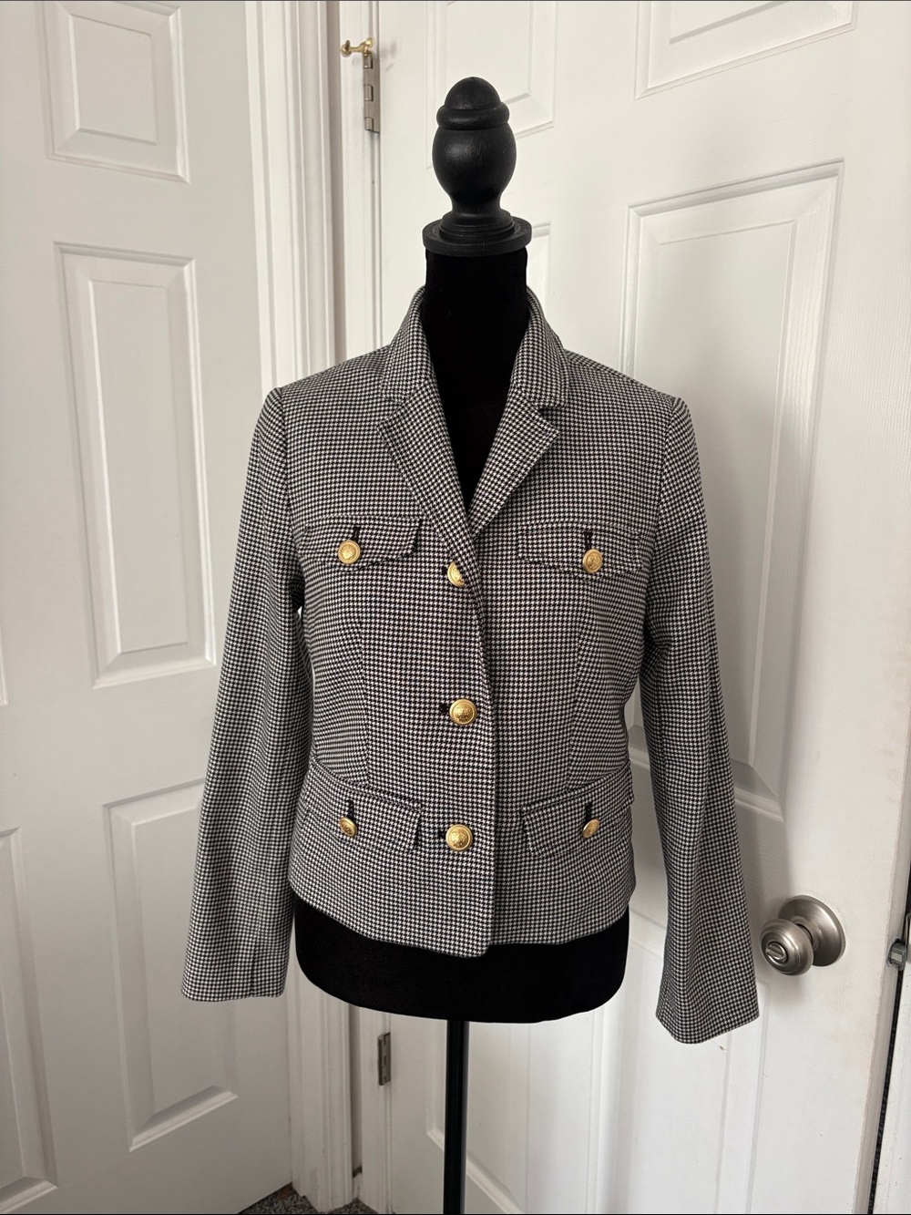 Talbots  Black and White Houndstooth Blazer with Gold Buttons